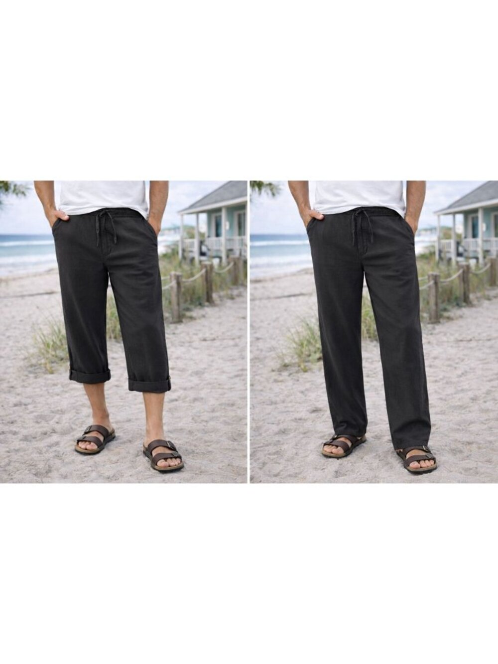 Perry Ellis 100% Linen Pants Roll Tab Casual Beach Vacation 42x30 Black Pockets